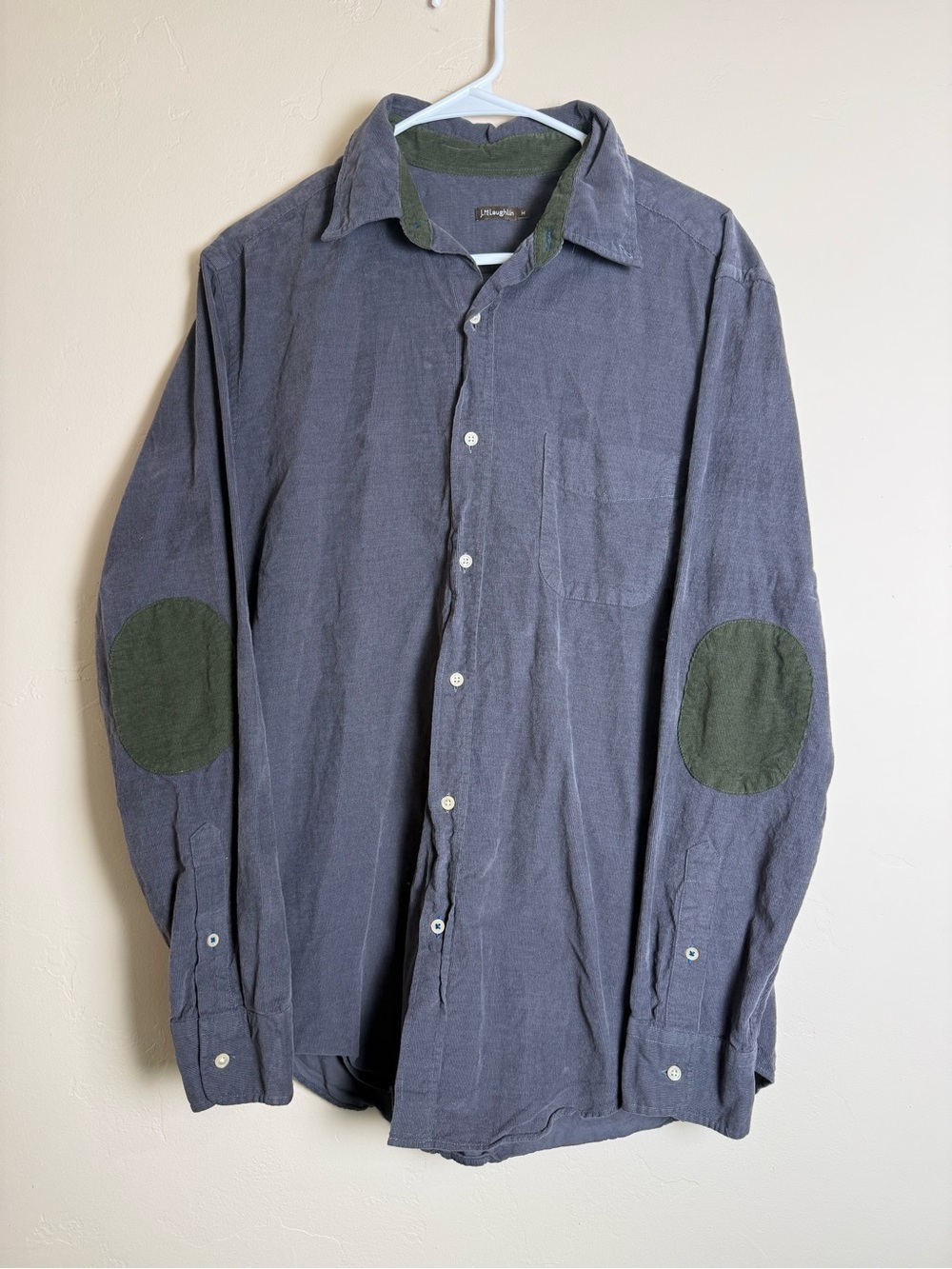 J McLaughlin Men's corduroy Long-Sleeve Button-Up Shirt with Green Elbow Patches
